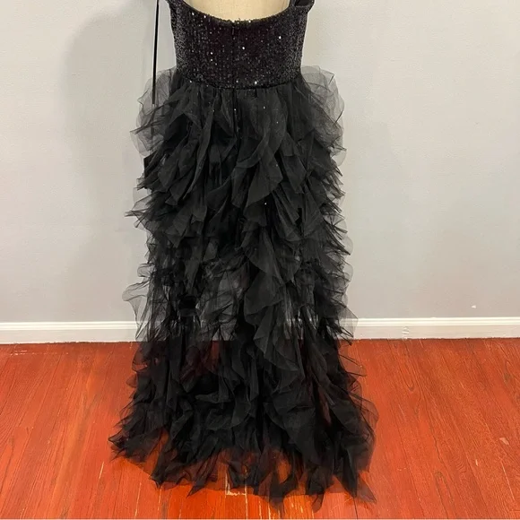 Mac Duggal Black Sequin Mini Gown With High Low Ruffle Tiered Train - Reemoly